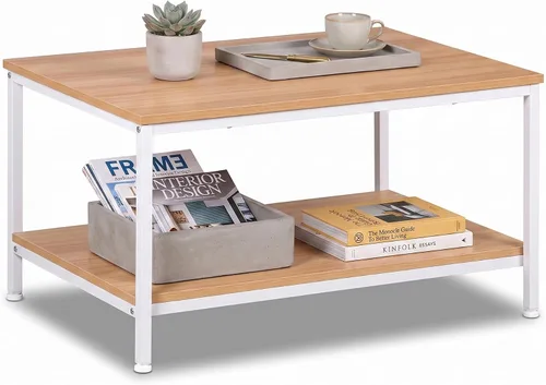 Vista 12 de SUPER DEAL - Mesa de café industrial de 2 niveles con estante de almacenamiento para apartamento pequeño, sala de estar, mesa auxiliar rectangular