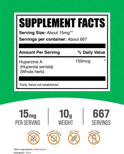 Vista 2 de BulkSupplements. com Huperzina A Powder - Huperzia Serrata en polvo, suplemento de huperzina A - Suplemento nootrópico, sin gluten, 15 mg por