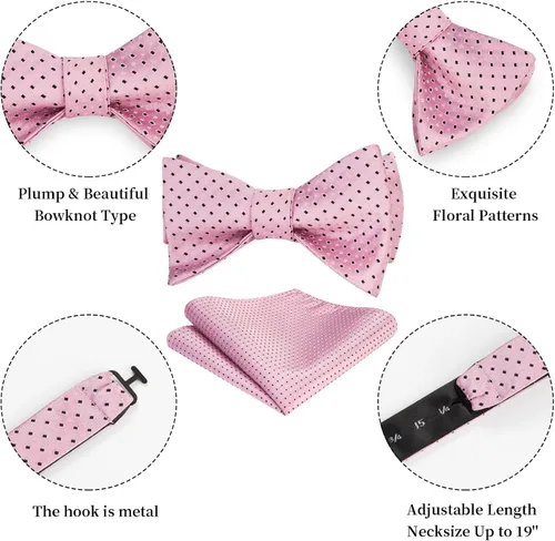 Vista 133 de HISDERN Pajaritas para hombre, diseño de lunares, corbatín y bolsillo cuadrado, clásico, esmoquin de negocios, boda, pajaritas, pañuelo