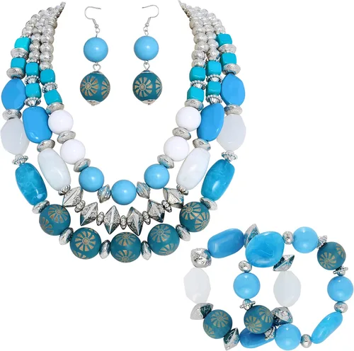 Vista 8 de Bocar Juego de Collar, Aretes y Pulsera de 3 Capas con Cuentas Gruesas, Conjunto de Joyería de Collar de Mujer de Múltiples Capas de Moda Amarillo