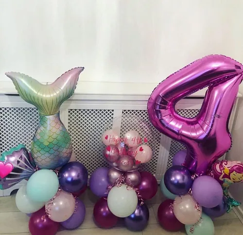 Vista 4 de 7 globos de sirena con números para fiesta de cumpleaños de 1, 2, 3, suministros de decoración de cola de sirena para niñas (número 0)