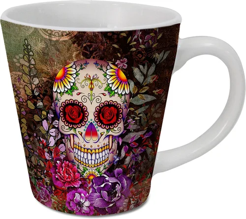 Vista 8 de Sweet Gisele Taza de cerámica de calavera de azúcar, taza de café con estampado floral, diseño del Día de los Muertos, hermosos colores vivos, gran