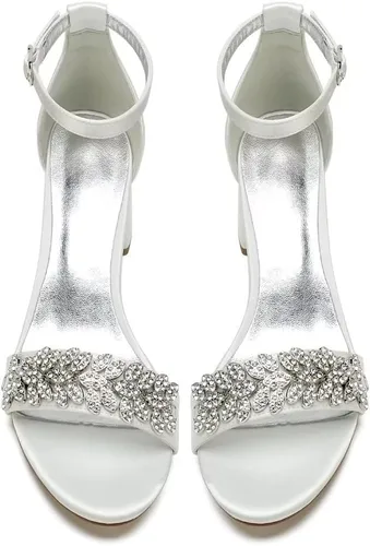 Vista 2 de Sandalias de boda con tacón de bloque Zapatos para novia Punta abierta Cristales Formal Fiesta Tacones Sandalia 1151-3