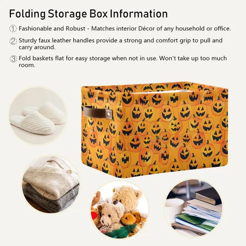 Vista 5 de Cesta de almacenamiento sin costuras de Halloween, bolsa organizadora plegable de tela de calabaza amarilla con asas, 15 x 11 x 9.5 pulgadas