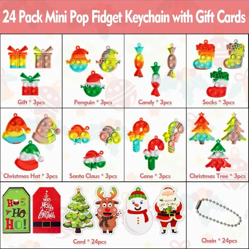 Vista 3 de AMUHUA Recuerdos de fiesta de Navidad para niños – Paquete de 24 mini llaveros Pop Fidget con tarjetas de regalo para niños pequeños, regalos