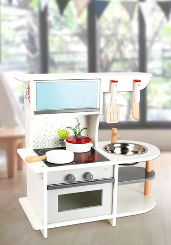 Vista 4 de Small Foot Wooden Toys - Cocina de juego para niños con rango, horno, fregadero de cocina y accesorios diseñados para niños a partir de 3 años