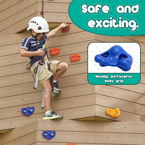 Vista 6 de CMOOD Presas de Escalada en Roca, Pared de Escalada en Roca para Niños, Kit de Escalada de Pared de Roca para Parque Infantil Interior y Exterior