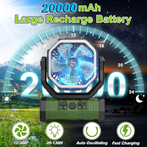 Vista 2 de Ventilador de campamento recargable de 20000 mAh, ventilador portátil oscilante automático para acampar con control remoto y linterna LED