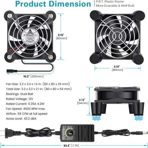 Vista 5 de GDSTIME Ventilador de computadora de 3.150 in con enchufe de CA, ventilador 110 V, 120 V, 220 V, 240 V, pequeña caja sin escobillas de 12 V