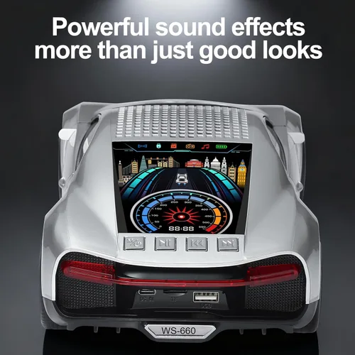 Vista 13 de WSTER Altavoz Bluetooth de lujo modelo de automóvil deportivo con sonido HD, emparejamiento estéreo TWS, pantalla de visualización, micrófono Azul