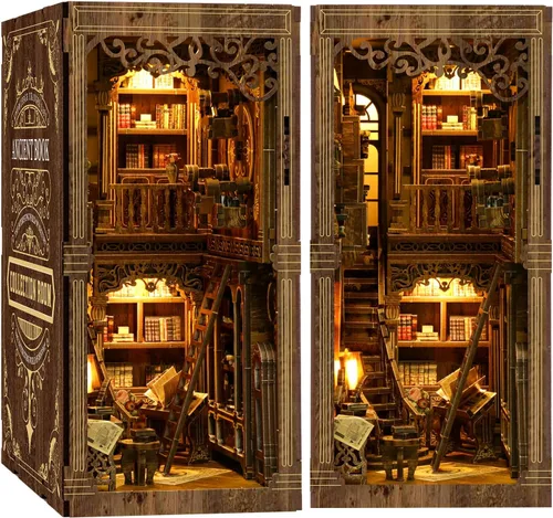 Vista 7 de Kit de rincón de libro para adultos, kit de construcción de casa de muñecas en miniatura, rompecabezas de madera 3D con sensor de luz LED