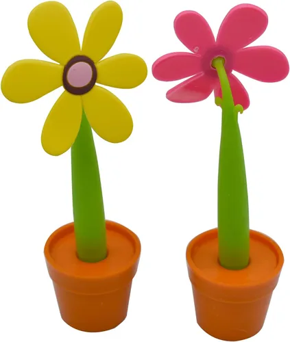 Vista 4 de Maydahui Juego de 4 bolígrafos de flores con soporte para macetas en el escritorio, bonito diseño creativo colorido para fiesta de estudiantes, día