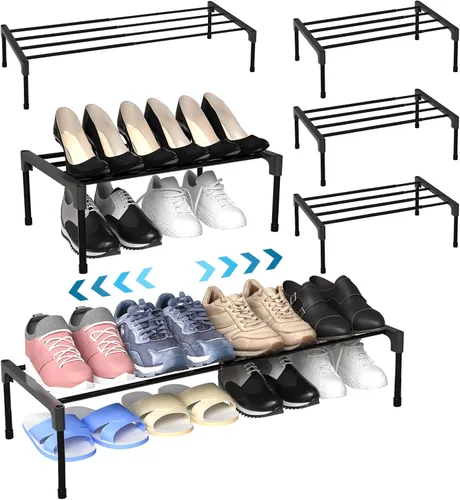 Vista 10 de Teenyyou 2 zapateros ampliables de 17 a 30 pulgadas, estante ajustable de metal de 1 nivel, organizador apilable negro para gabinete, entrada