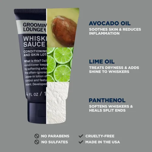 Vista 4 de Grooming Lounge Acondicionador de barba Whisker Sauce – Loción acondicionador para barba y piel – Elimina la picazón y la descamación – Permite