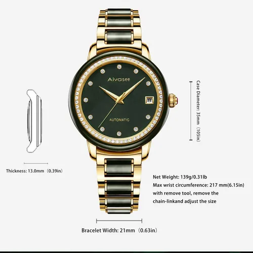 Vista 5 de Aivasee Reloj automático de diamantes de lujo para mujer con correa de acero inoxidable chapada en oro y jade negro para mujer, reloj de pulsera