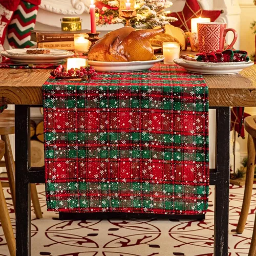 Vista 18 de Camino de mesa de Navidad a cuadros beige, caminos de mesa de vacaciones de invierno de 72 pulgadas de largo, decoraciones de Navidad para Cuadros