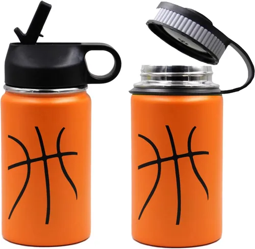 Vista 5 de Botella de agua de baloncesto de 12 onzas, botella de agua deportiva aislada al vacío de acero inoxidable con popote y 2 tapas, botella de agua