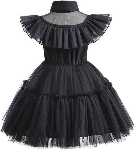 Vista 3 de Hulaha Wednesday Addams - Vestido de Halloween para niñas, disfraz de Halloween, fiesta de cosplay, vestido negro de Addams