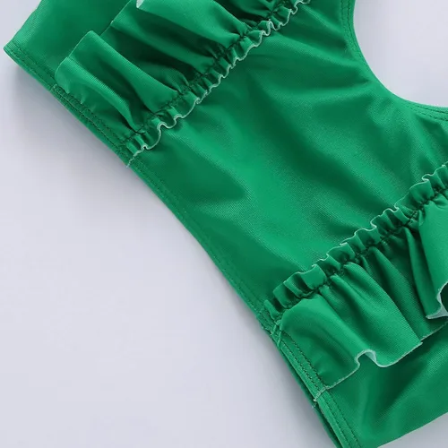 Vista 5 de Traje de baño de dos piezas para niñas pequeñas con volantes y estampado de piña (verde, 6-7 años)