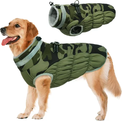 Vista 15 de Lelepet Abrigo cálido para perro, abrigo de invierno para perro, chaqueta impermeable para perros con arnés integrado reflectante de forro polar