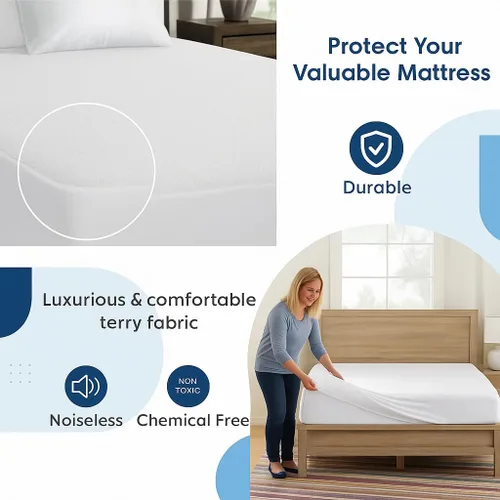 Vista 5 de Protector de colchón 100% impermeable tamaño individual, funda de rizo de algodón de alta calidad con bolsillos profundos elásticos, lavable a