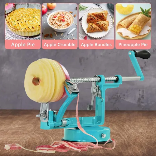 Vista 5 de Pelador de manzanas, cortador de patatas 3 en 1, acero inoxidable resistente con base de ventosa (azul)