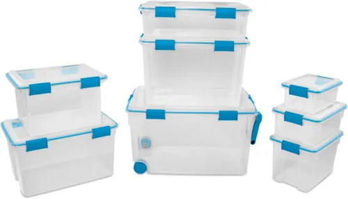 Vista 7 de Sterilite 19414306 - Caja de almacenamiento de plástico transparente de 7.5 cuartos y tapa con pestillos azules