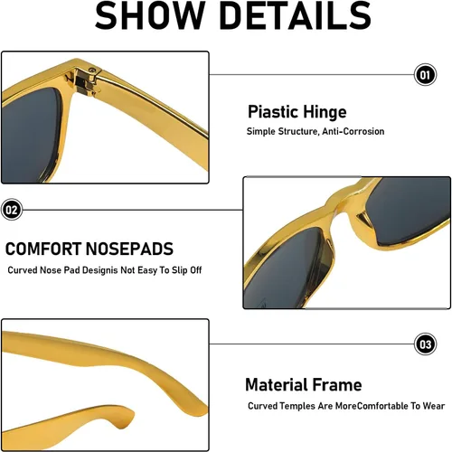 Vista 4 de Paquete de 361220 lentes de sol dorados metálicos a granel para mujeres y hombres, gafas retro de los años 90 baratos para suministros de fiesta