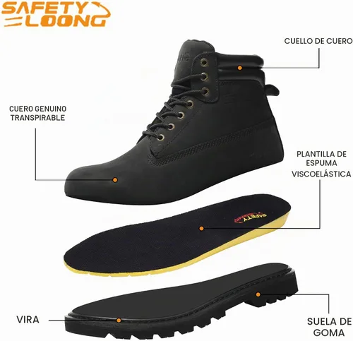 Vista 3 de Botas de trabajo para hombre, botas de trabajo de cuero Negro