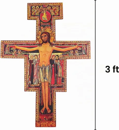 Vista 3 de Needzo Gran Crucifijo de pared San Damiano, decoración de cruz de iglesia católica, 36 pulgadas