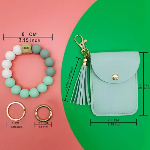 Vista 2 de FIVWIN Llavero de pulsera para mujer, pulsera de silicona con cuentas de automóvil, llavero con borla, tarjetero