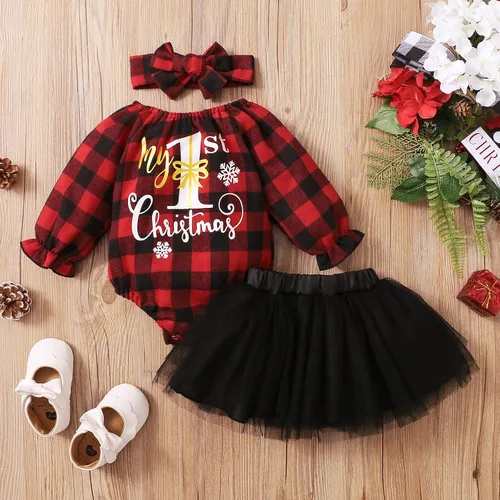 Vista 2 de Baby Girls Christmas Dress with Bow Headband Red Plaid Dress Long Sleeve Tulle Tutu Princess Party Dress Winter Clothes