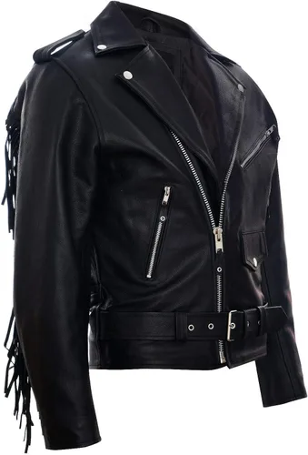 Vista 2 de Chaqueta de cuero con borlas para hombre con flecos ocultos para motocicleta retro