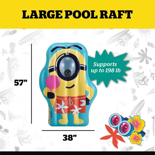 Vista 3 de Balsa flotante gigante de Minions para piscina, flotador de agua inflable con diseño de Minions con licencia, piscina y lago duraderos para niños