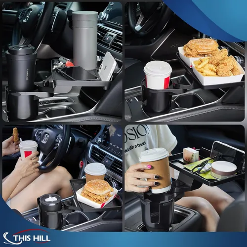 Vista 7 de Bandeja portavasos This Hill para auto, 2 en 1 Bandeja desmontable para mesa de comida con base sólida y ranura para teléfono, Expansor