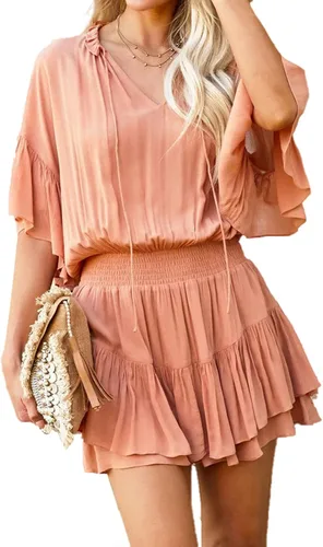 Vista 4 de Umenlele Women's V Neck Layer Ruffle Hem Short Sleeve Mini Dress
