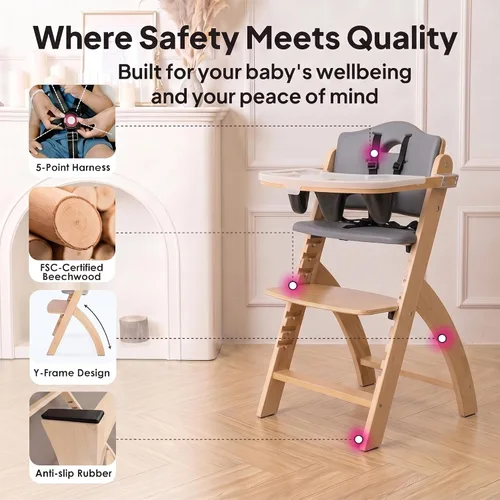 Vista 6 de Silla alta de madera Abiie Beyond Junior con bandeja - Trona ajustable y convertible para bebés y niños pequeños - De 6 meses a 113 kg - Resistente