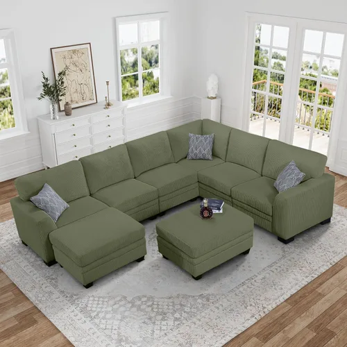 Vista 9 de Legend Vansen - Sofá modular de gran tamaño, sofá de pana en forma de U/L con otomana, asiento profundo y cojín extraíble, fácil montaje para sala