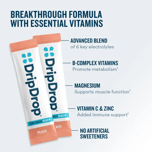 Vista 3 de DripDrop Hydration Zero Sugar - Paquetes de electrolitos, melocotón, 30