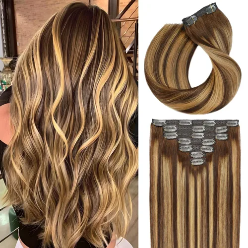 Vista 14 de Extensiones de cabello humano con clip de 14 pulgadas, 4.33 oz, 7 piezas, 16 clips, color marrón chocolate, doble trama, extensiones de cabello Remy