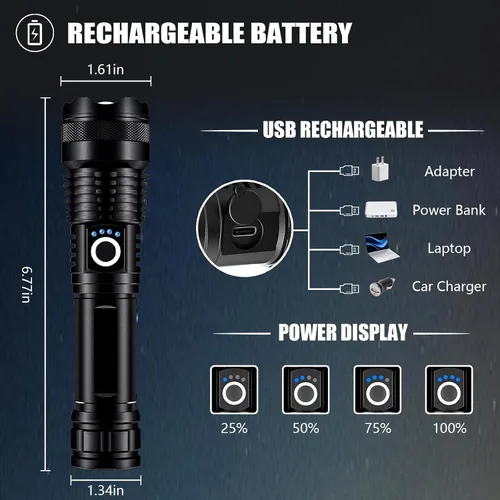 Vista 3 de Paquete de 4 linternas recargables de alto lúmenes, linterna súper brillante de 9000000 lúmenes, luz de flash potente ajustable con cable USB, 5