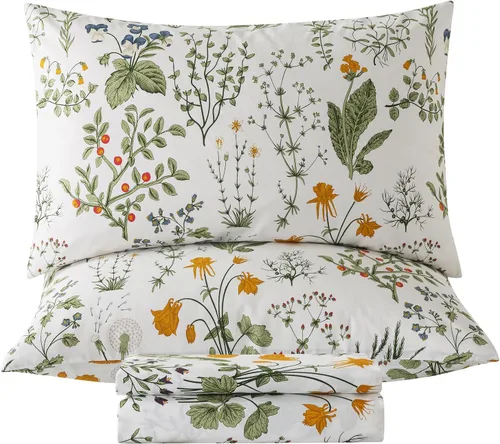 Vista 22 de Zusbest Juego de sábanas florales de 100 % algodón percal, color naranja y amarillo, juego de sábanas suaves y transpirables con diseño botánico