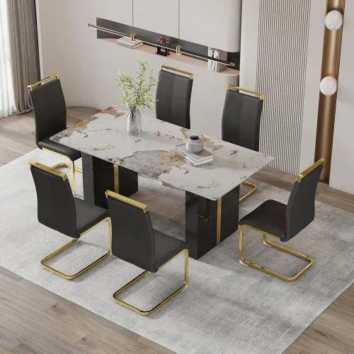 Vista 29 de Mesa de comedor moderna para mesa de comedor de mármol sintético blanco de 6, 8, 71 pulgadas, con patas negras y doradas, mesa de cocina rectangular