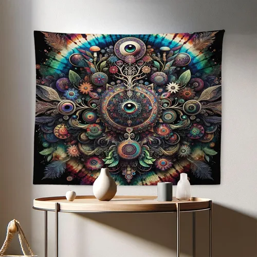 Vista 90 de Ambesonne Tapiz Trippy, vista panorámica de la cascada con bosques de ensueño y mandala oriental psicodélico, decoración de tela para colgar