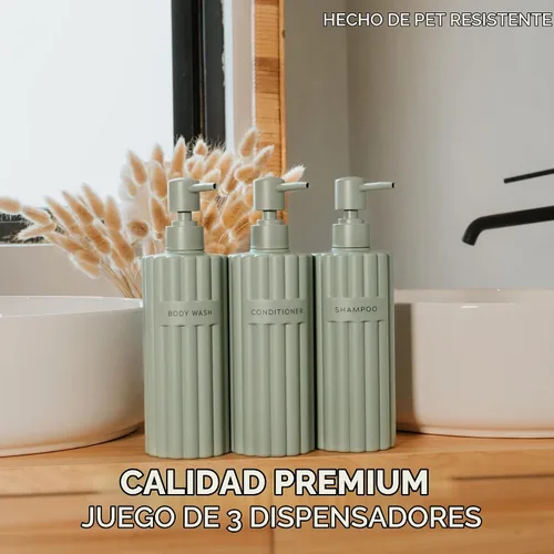 Vista 4 de Elegante dispensador de champú y acondicionador, juego de 3 botellas Salvia