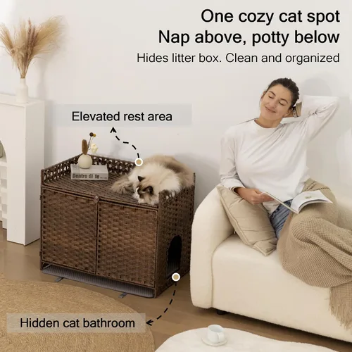 Vista 2 de Furriends Caja de arena para gatos con 2 alfombrillas, muebles ocultos de ratán tejido a mano, grande, 30.3 pulgadas de largo x 18.2 pulgadas