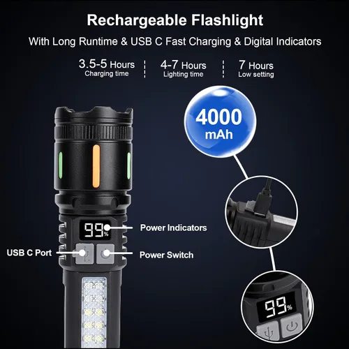 Vista 4 de Linternas recargables de alto lúmenes, 3 paquetes, 900,000 L linterna táctica de mano LED de alta potencia con 5 modos de luz, luz lateral