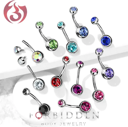 Vista 4 de Forbidden Body Jewelry Anillo de ombligo de acero quirúrgico roscado internamente púrpura doble joya CZ, Metal, circonita cúbica