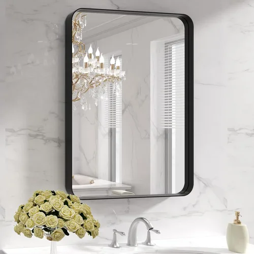 Vista 11 de LOAAO 20x16 Pulgadas Espejo de Baño con Marco de Metal Negro para Pared, Espejo de Tocador de Baño de Estilo Granja, Espejo Grande Rectangular