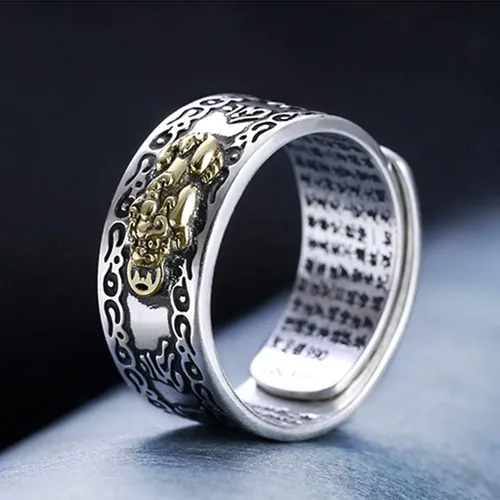 Vista 4 de SANGHAI Feng Shui Pixiu Anillo Feng Shui Pixiu Mani Mantra Protección de Riqueza Anillo Amuleto Riqueza Abierto Abierto Anillo Budista Joyería